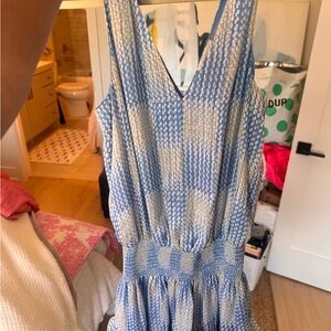 Ramy Brook Blue and White Long Sleeve V-Neck Sundress